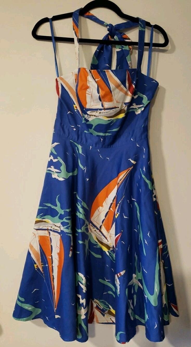 AMERICAN LIVING Dress Sz 4 Halter Square neck Nautical Sailboats Empire Waist -